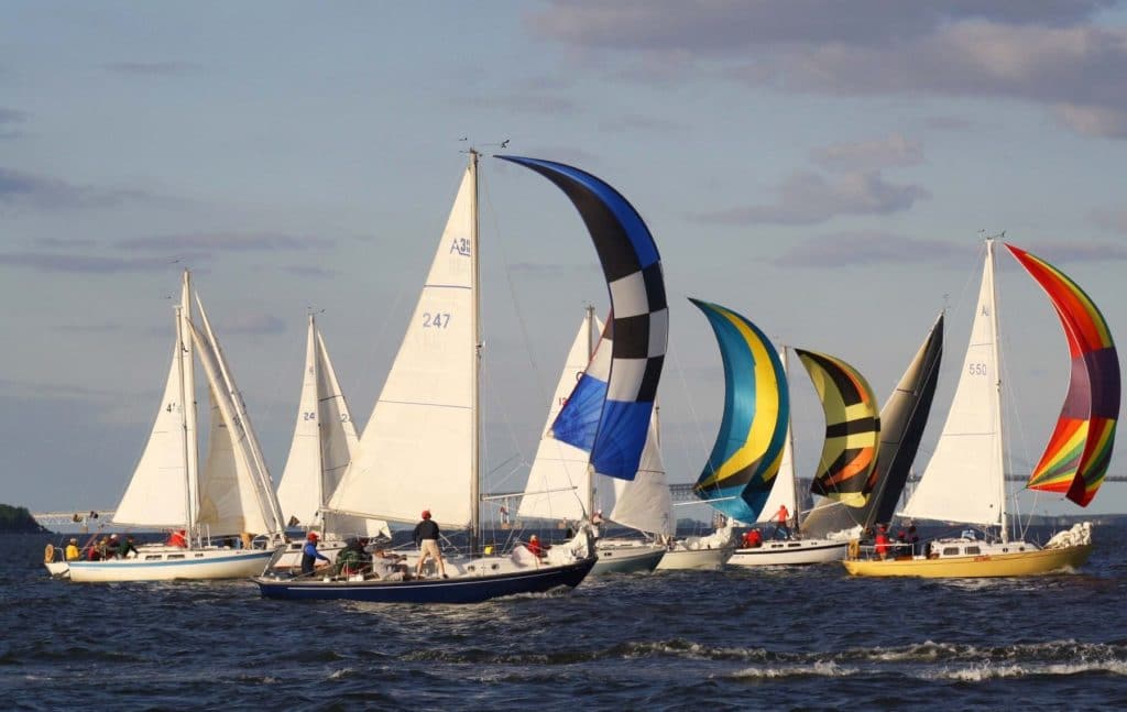 Boats lined up on the water for the Southern Chesapeake Leukemia Cup Regatta