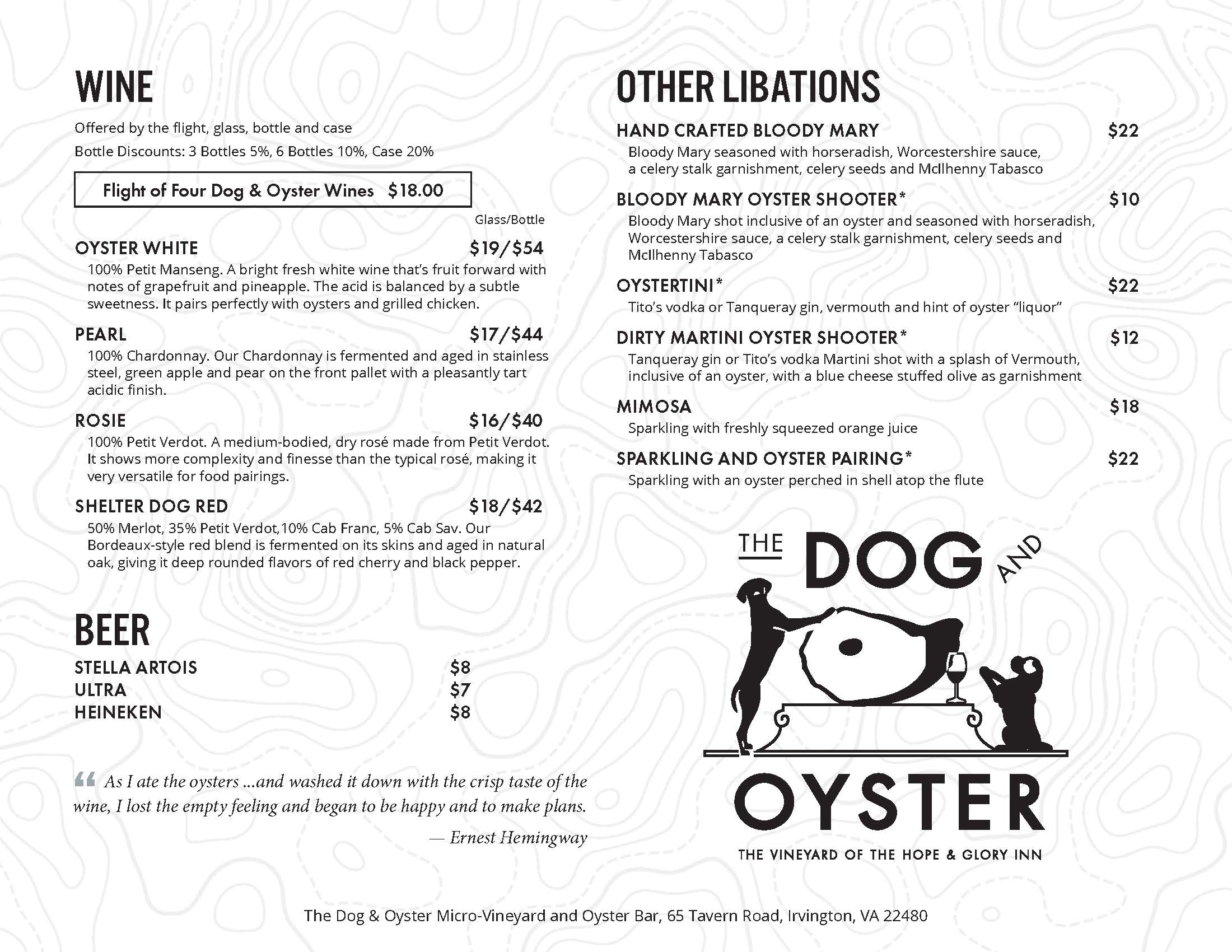 Dog & Oyster Drink Menu - August 2026